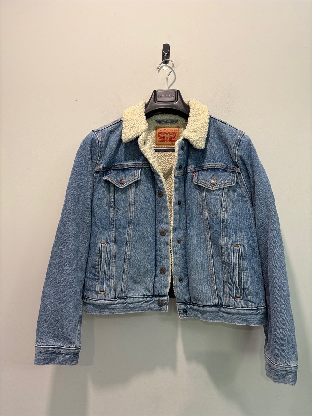 Levi’s Women’s Blue Denim Sherpa Jacket Cream Collar Trucker Size xl - Picture 12 of 15